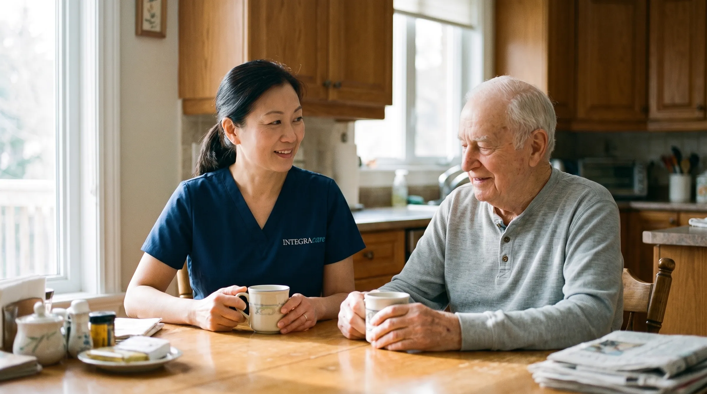 A caregiver sharing a calm moment with a senior at home