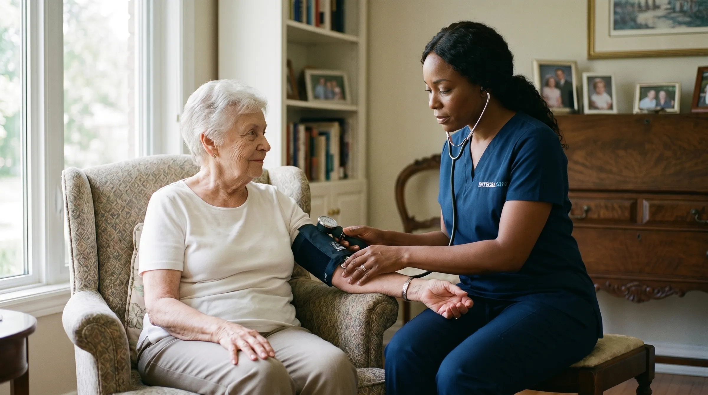 A registered nurse checking on a senior at home