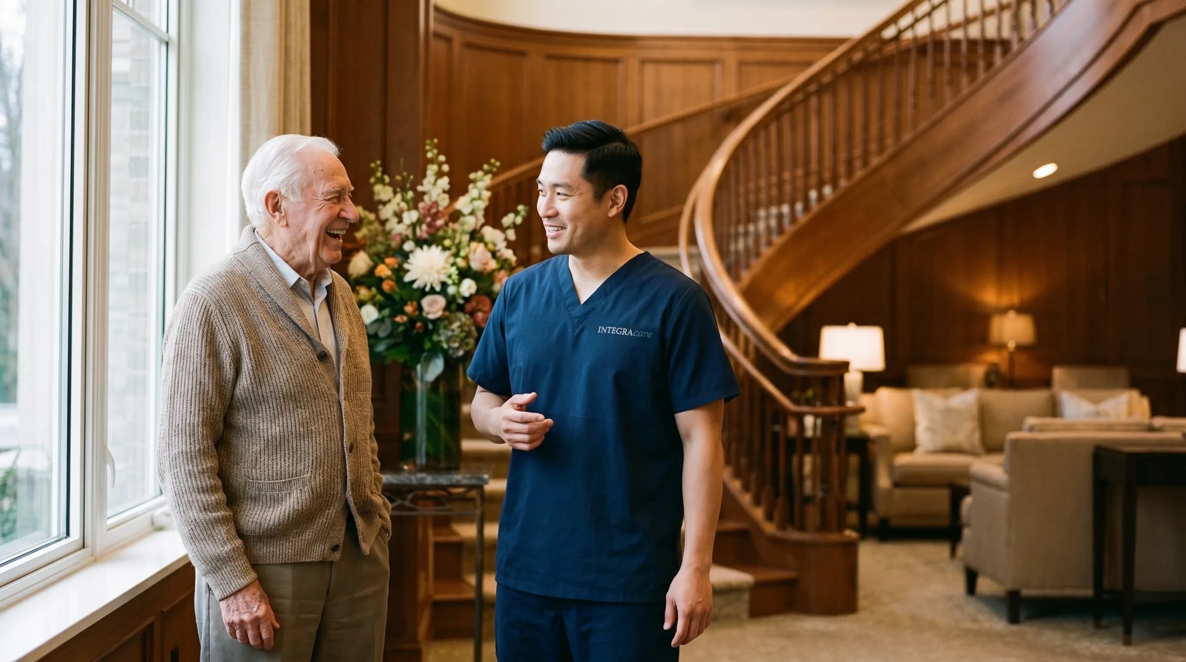 Caregiver supporting a senior resident in a retirement home setting