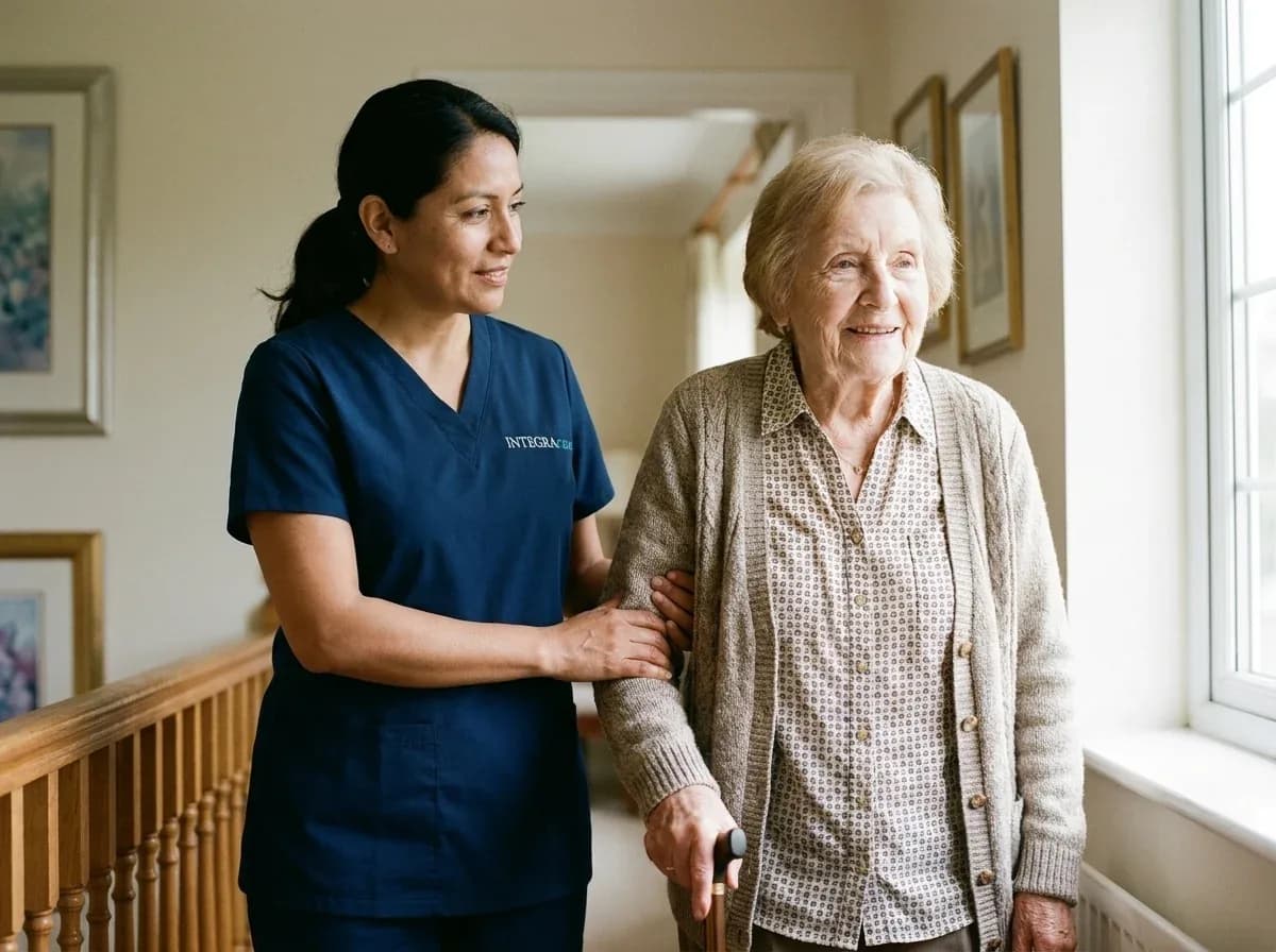 A caregiver steadies a senior walking with her cane at home
