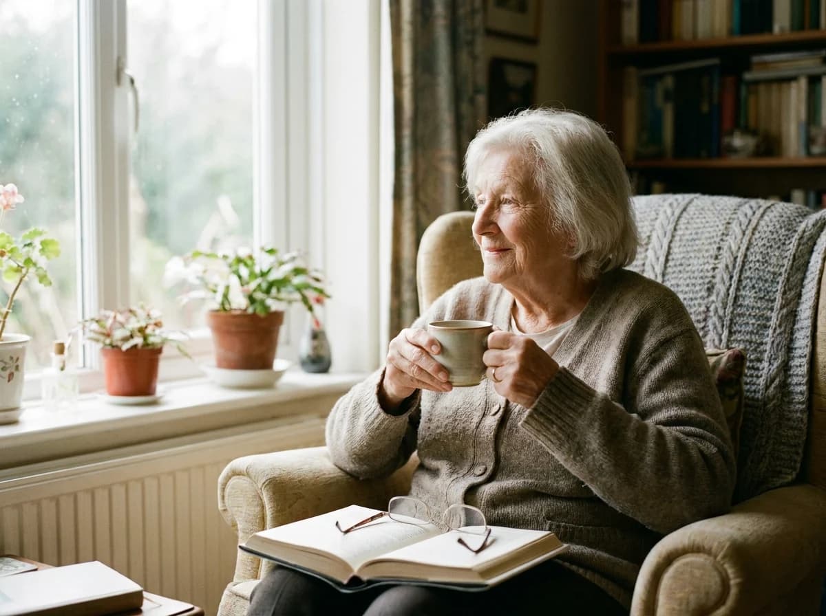 A senior enjoying tea at home