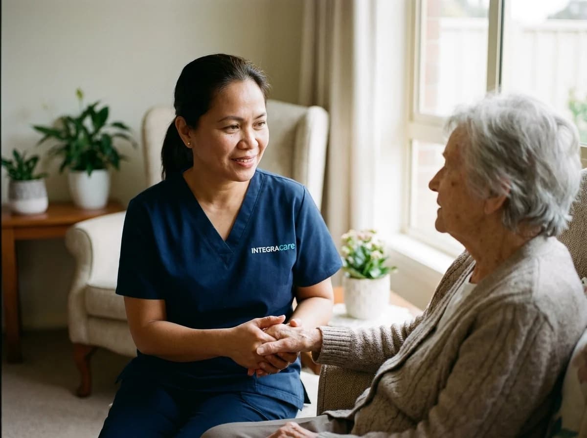 A caregiver holding a senior client's hands at home