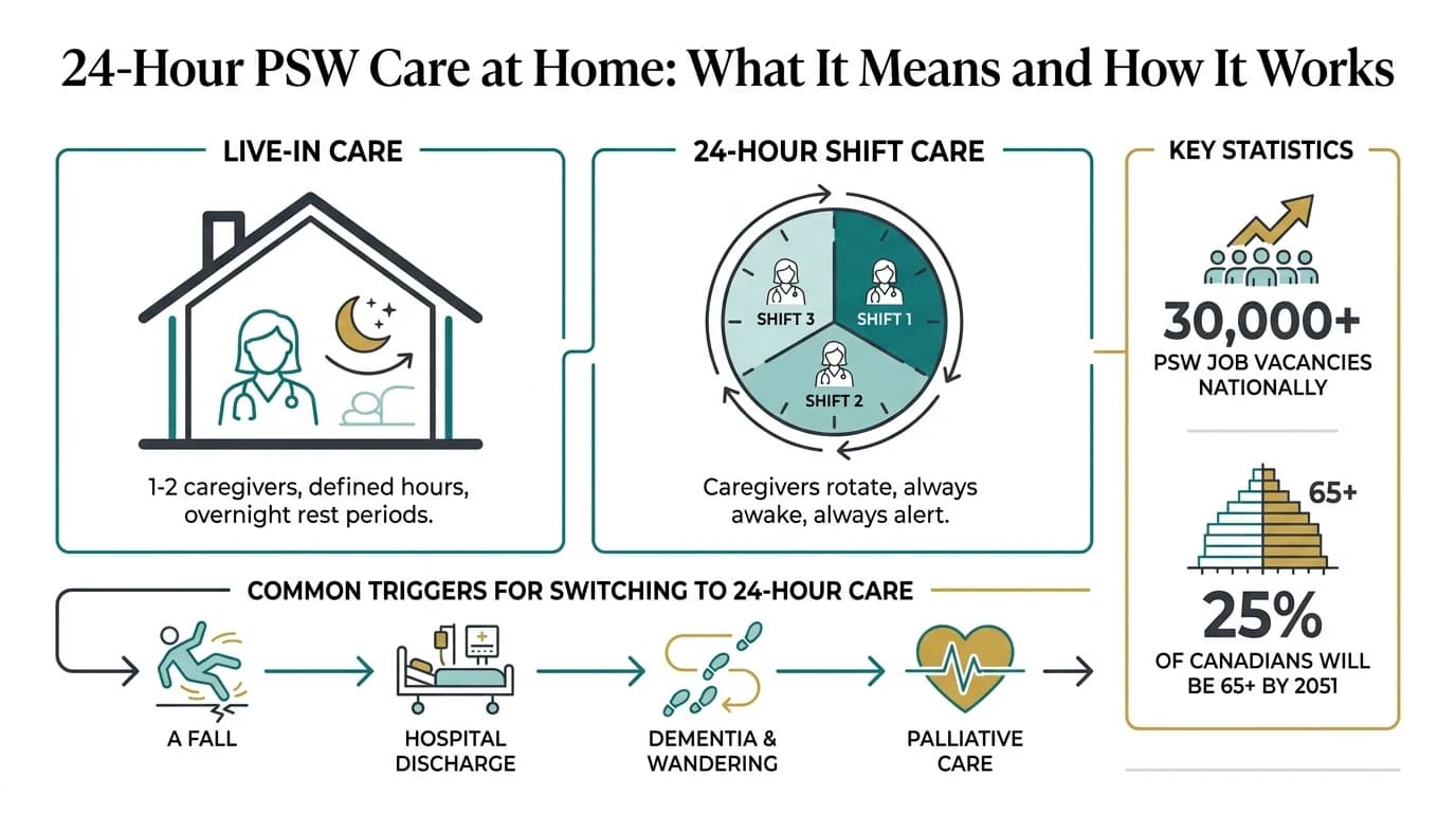 Infographic comparing live-in care and 24-hour shift PSW care, showing shift rotation clock, common triggers for round-the-clock care, and Canadian PSW workforce statistics.