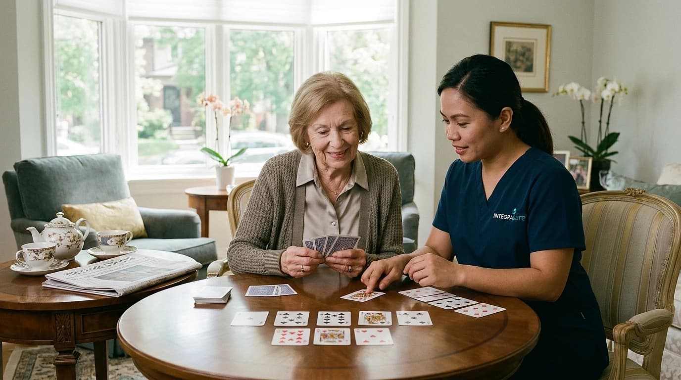 Senior woman and Filipino caregiver playing a card game together at a table in an upscale sunlit living room