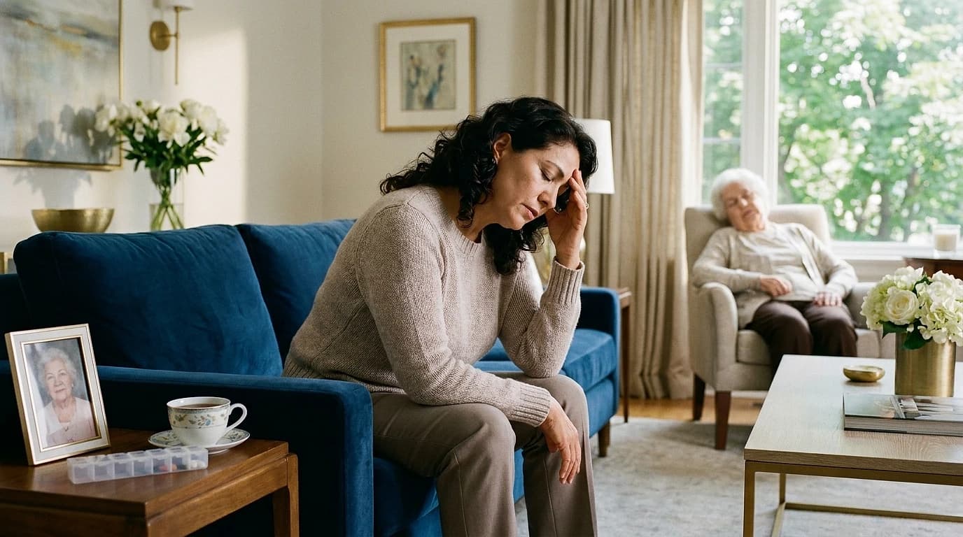 A tired family caregiver sits on a sofa with her head in her hand while her elderly mother rests nearby in a bright, comfortable living room.