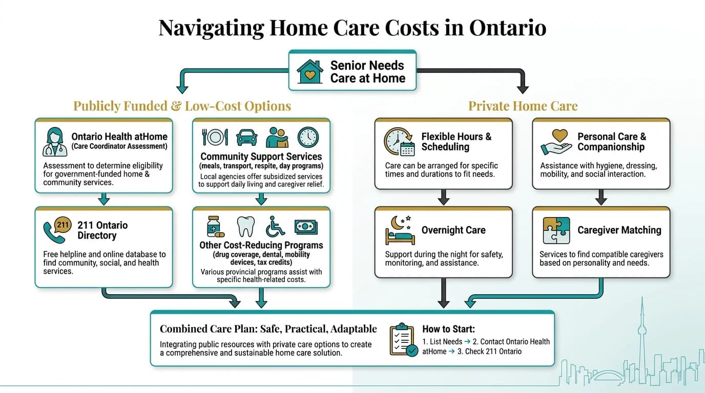 Infographic showing Ontario senior home care options split into publicly funded/low-cost services and private home care, merging into a combined care plan with a how-to-start checklist.