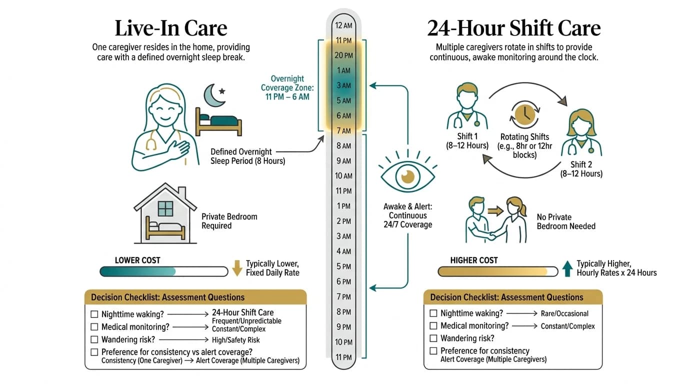 Infographic comparing live-in care and 24-hour shift care models, showing staffing differences, overnight coverage, and cost across a 24-hour timeline with a decision checklist.