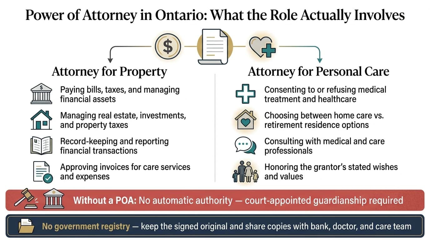 Infographic comparing the duties of a Power of Attorney for Property versus a Power of Attorney for Personal Care in Ontario, with a warning about guardianship if no POA exists and a note about the lack of a government registry.
