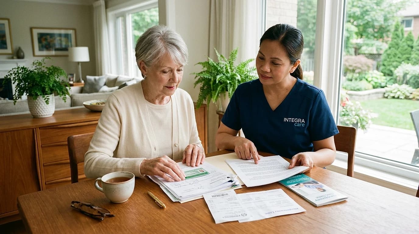 Senior woman and caregiver reviewing OHIP health card and medical documents together at a sunlit table in an upscale home.